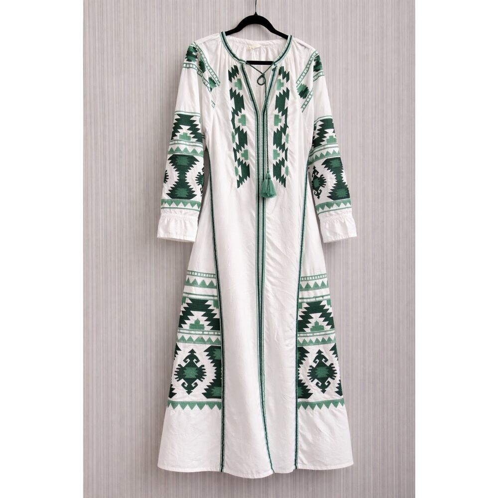 Boho Green & White Embroidered Maxi Dress